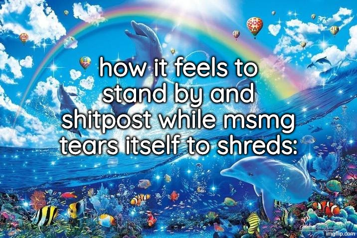Happy dolphin rainbow | how it feels to stand by and shitpost while msmg tears itself to shreds: | image tagged in happy dolphin rainbow | made w/ Imgflip meme maker