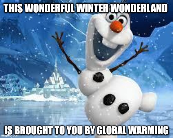 Brace yourselves! Winter is coming. | THIS WONDERFUL WINTER WONDERLAND; IS BROUGHT TO YOU BY GLOBAL WARMING | image tagged in global warming,olaf,winter is coming | made w/ Imgflip meme maker