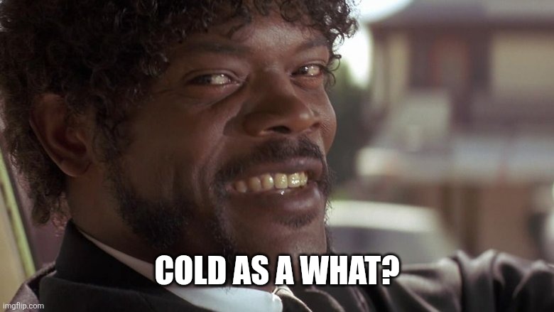 Samuel L. Jackson smiling | COLD AS A WHAT? | image tagged in samuel l jackson smiling | made w/ Imgflip meme maker