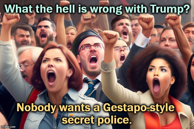 What the hell is wrong with Trump? Nobody wants a Gestapo-style 
secret police. | image tagged in trump,ice,gestapo,secret police,bovino | made w/ Imgflip meme maker