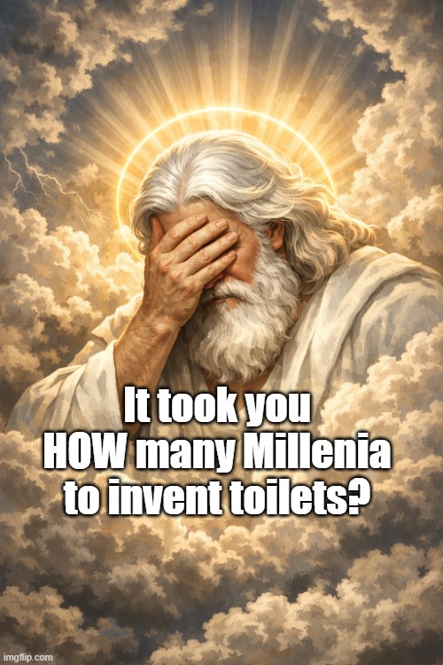 How Long Till Toilets? | It took you HOW many Millenia to invent toilets? | image tagged in god facepalm,memes | made w/ Imgflip meme maker