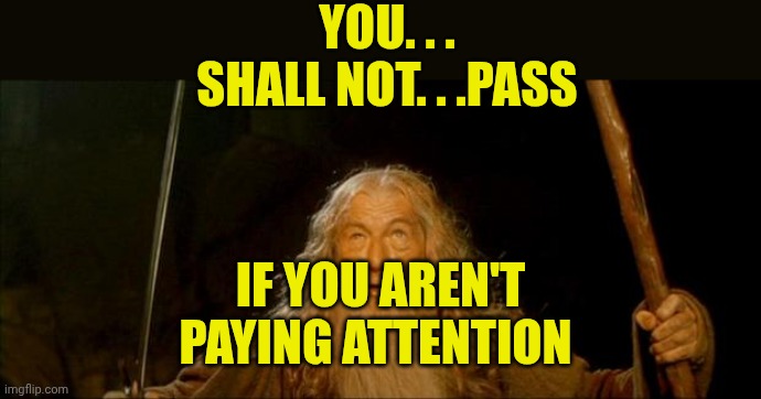 YOU. . . SHALL NOT. . .PASS IF YOU AREN'T
PAYING ATTENTION | image tagged in gandalf you shall not pass | made w/ Imgflip meme maker