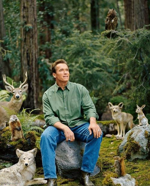 schwarzenegger in the woods with animals | image tagged in schwarzenegger in the woods with animals | made w/ Imgflip meme maker