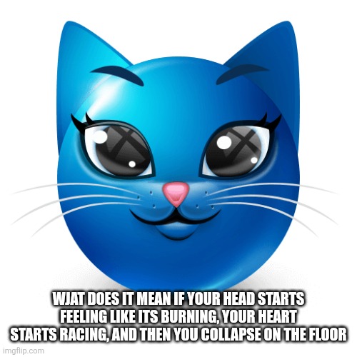 Blue cat emoji | WJAT DOES IT MEAN IF YOUR HEAD STARTS FEELING LIKE ITS BURNING, YOUR HEART STARTS RACING, AND THEN YOU COLLAPSE ON THE FLOOR | image tagged in blue cat emoji | made w/ Imgflip meme maker