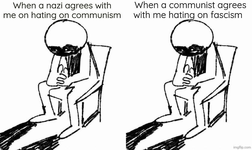When a communist agrees with me hating on fascism; When a nazi agrees with me on hating on communism | image tagged in gonna crash out | made w/ Imgflip meme maker