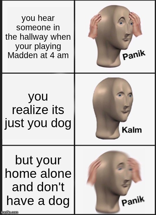 my thoughts: | you hear someone in the hallway when your playing Madden at 4 am; you realize its just you dog; but your home alone and don't have a dog | image tagged in memes,panik kalm panik | made w/ Imgflip meme maker