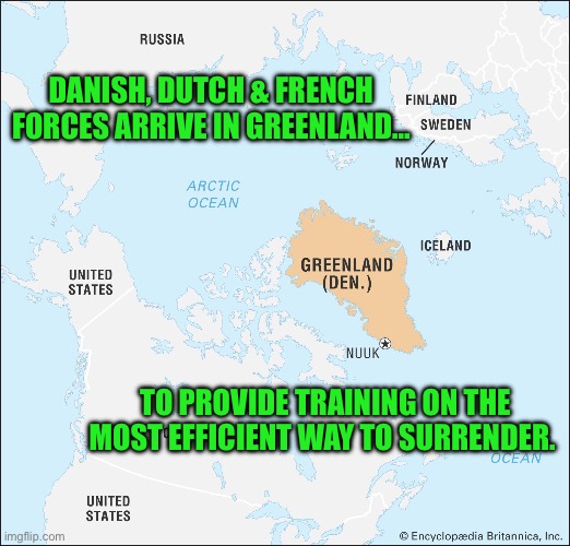 Europe quickly forgets what we did for them. | DANISH, DUTCH & FRENCH FORCES ARRIVE IN GREENLAND…; TO PROVIDE TRAINING ON THE MOST EFFICIENT WAY TO SURRENDER. | image tagged in greenland,trump,wwii | made w/ Imgflip meme maker