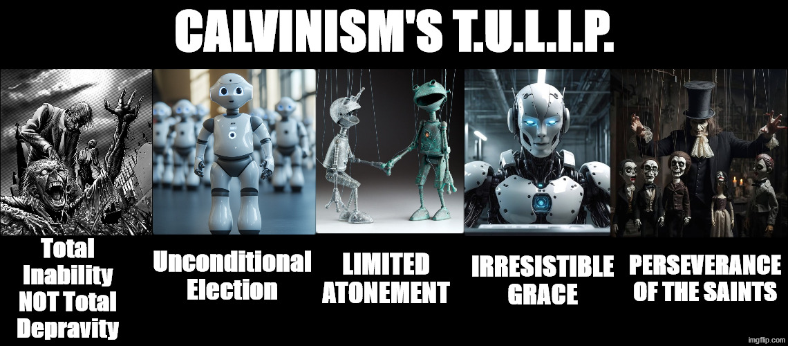 Calvinism's TULIP | CALVINISM'S T.U.L.I.P. Total Inability NOT Total Depravity; Unconditional Election; PERSEVERANCE OF THE SAINTS; LIMITED ATONEMENT; IRRESISTIBLE GRACE | image tagged in calvinism,calvinist memes,anti calvinism,reformed theology,tulips,ai generated robot puppets | made w/ Imgflip meme maker