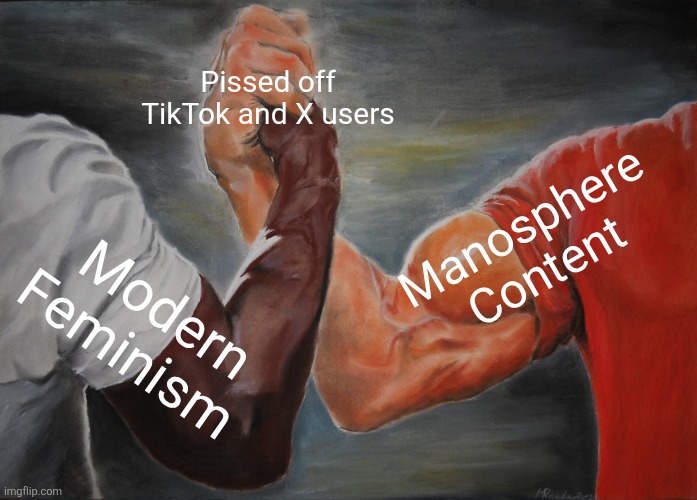 Epic Handshake Meme | Pissed off TikTok and X users; Manosphere Content; Modern Feminism | image tagged in memes,epic handshake | made w/ Imgflip meme maker