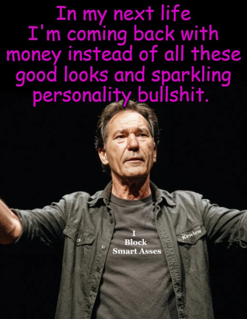 kewlew | In my next life I'm coming back with money instead of all these good looks and sparkling
personality bullshit. | image tagged in kewlew | made w/ Imgflip meme maker