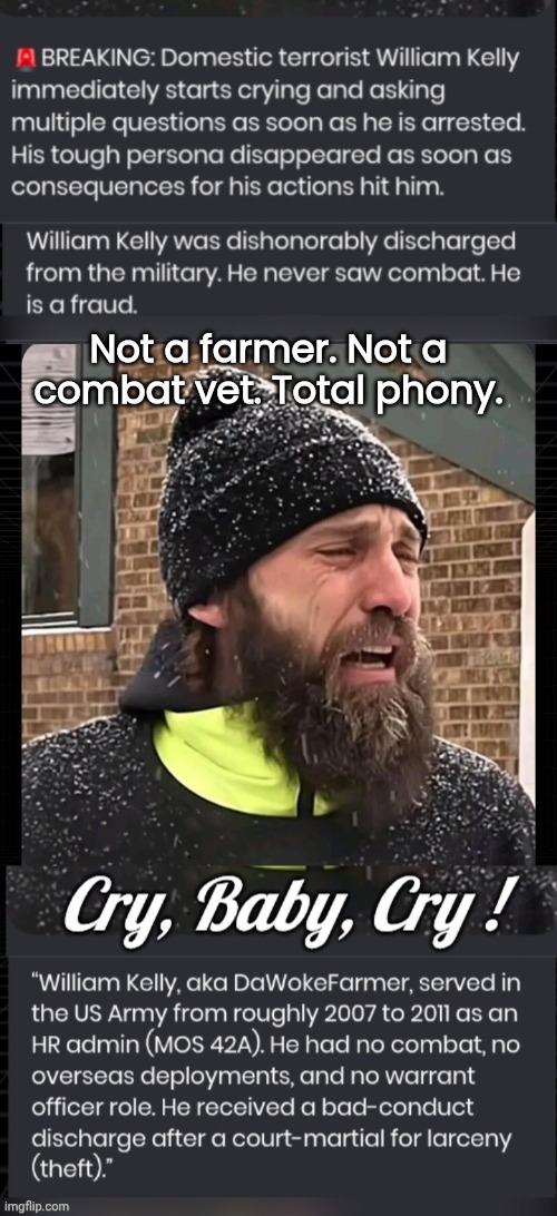 Protestor phony not talking tough now. | Not a farmer. Not a combat vet. Total phony. | image tagged in william kelly,protestors | made w/ Imgflip meme maker