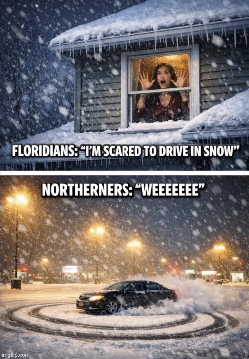 To be fair they don’t get too much snow in Florida… | image tagged in repost,floridians,northerners,snow,scared to drive,no problem | made w/ Imgflip meme maker