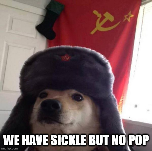 Russian Doge | WE HAVE SICKLE BUT NO POP | image tagged in russian doge | made w/ Imgflip meme maker