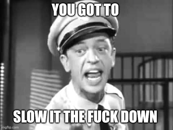 Barney Fife | YOU GOT TO SLOW IT THE FUCK DOWN | image tagged in barney fife | made w/ Imgflip meme maker
