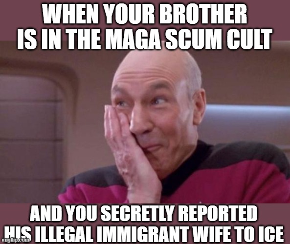 "She's Hungarian. She's one of the good ones" | WHEN YOUR BROTHER IS IN THE MAGA SCUM CULT; AND YOU SECRETLY REPORTED HIS ILLEGAL IMMIGRANT WIFE TO ICE | image tagged in picard oops,maga,ice,nazis,pedo | made w/ Imgflip meme maker
