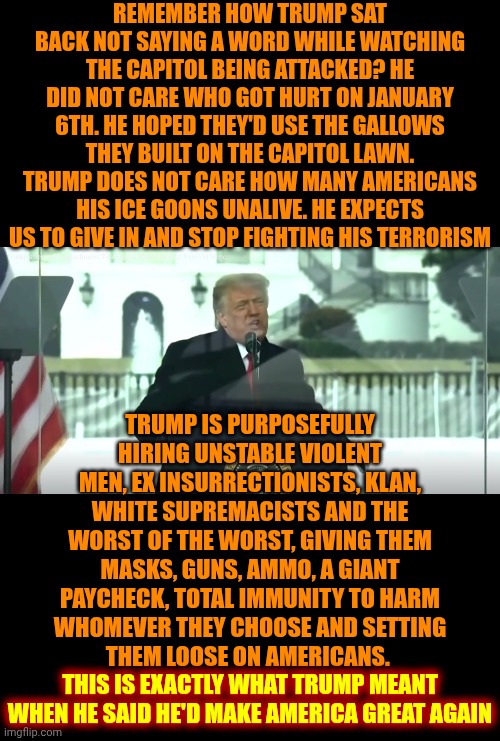 Trump And Maga's Attempt At Trying To Sell Toxic Men As A Viable Alternative Reality FAILED MISERABLY | REMEMBER HOW TRUMP SAT BACK NOT SAYING A WORD WHILE WATCHING THE CAPITOL BEING ATTACKED? HE DID NOT CARE WHO GOT HURT ON JANUARY 6TH. HE HOPED THEY'D USE THE GALLOWS THEY BUILT ON THE CAPITOL LAWN. TRUMP DOES NOT CARE HOW MANY AMERICANS HIS ICE GOONS UNALIVE. HE EXPECTS US TO GIVE IN AND STOP FIGHTING HIS TERRORISM; TRUMP IS PURPOSEFULLY HIRING UNSTABLE VIOLENT MEN, EX INSURRECTIONISTS, KLAN, WHITE SUPREMACISTS AND THE WORST OF THE WORST, GIVING THEM MASKS, GUNS, AMMO, A GIANT PAYCHECK, TOTAL IMMUNITY TO HARM WHOMEVER THEY CHOOSE AND SETTING THEM LOOSE ON AMERICANS.  THIS IS EXACTLY WHAT TRUMP MEANT WHEN HE SAID HE'D MAKE AMERICA GREAT AGAIN; THIS IS EXACTLY WHAT TRUMP MEANT WHEN HE SAID HE'D MAKE AMERICA GREAT AGAIN | image tagged in maga,toxic masculinity,trump unfit unqualified dangerous,impeach trump,memes,maga insurrectionists | made w/ Imgflip meme maker