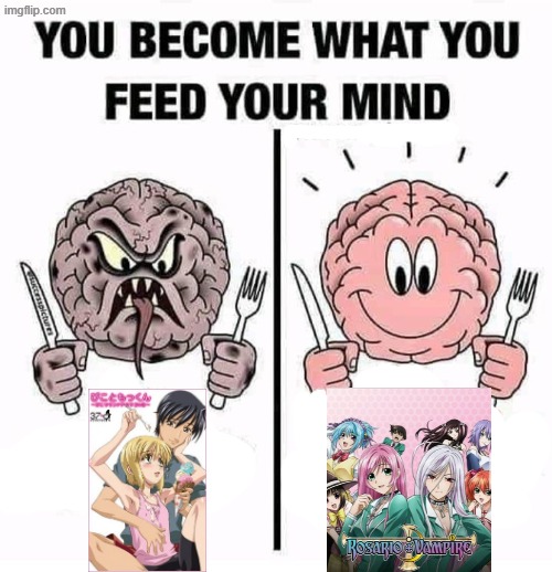 Rosario + Vampire meme 9 & anti boku no pico meme 4 (even capu2 is far more watchable than boku no pico) | image tagged in you become what you feed your mind,boku no pico,rosario vampire,anime | made w/ Imgflip meme maker