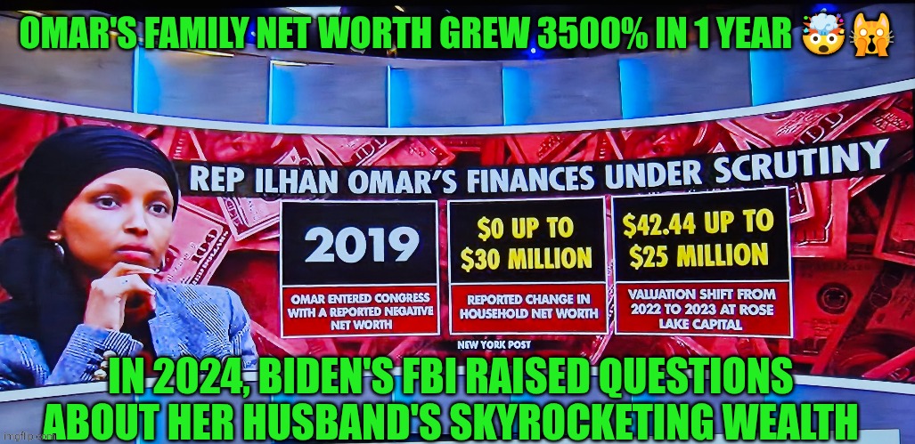 Omar's family net worth grew 3500% in 1 year | OMAR'S FAMILY NET WORTH GREW 3500% IN 1 YEAR 🤯🙀; IN 2024, BIDEN'S FBI RAISED QUESTIONS ABOUT HER HUSBAND'S SKYROCKETING WEALTH | image tagged in ilhan omar,minnesota,fraud,finances,government corruption,accountability | made w/ Imgflip meme maker