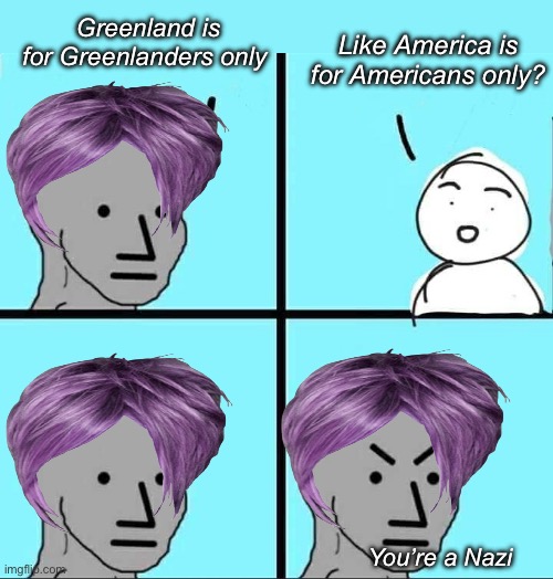 So both are nazis? | Greenland is for Greenlanders only; Like America is for Americans only? You’re a Nazi | image tagged in npc meme,politics lol,funny memes,derp,liberal logic | made w/ Imgflip meme maker