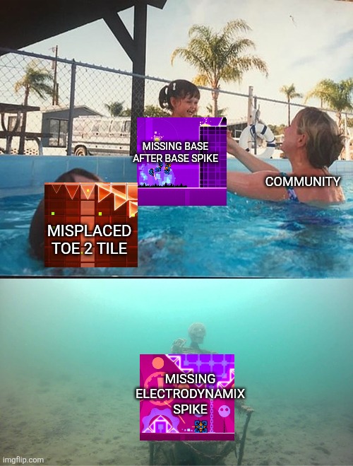 ... | MISSING BASE AFTER BASE SPIKE; COMMUNITY; MISPLACED TOE 2 TILE; MISSING ELECTRODYNAMIX SPIKE | image tagged in mother ignoring kid drowning in a pool | made w/ Imgflip meme maker