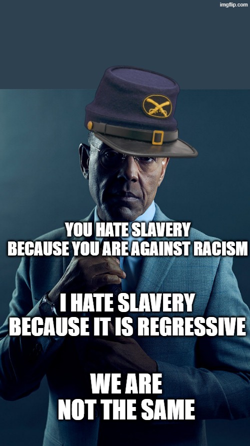 if slavery was still around the southern economy would suffer a lot | YOU HATE SLAVERY BECAUSE YOU ARE AGAINST RACISM; I HATE SLAVERY BECAUSE IT IS REGRESSIVE; WE ARE NOT THE SAME | image tagged in gus fring we are not the same,civil war,slavery,breaking bad,gus fring,dark humor | made w/ Imgflip meme maker
