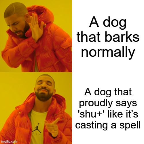 shu+ | A dog that barks normally; A dog that proudly says 'shu+' like it’s casting a spell | image tagged in memes,drake hotline bling | made w/ Imgflip meme maker
