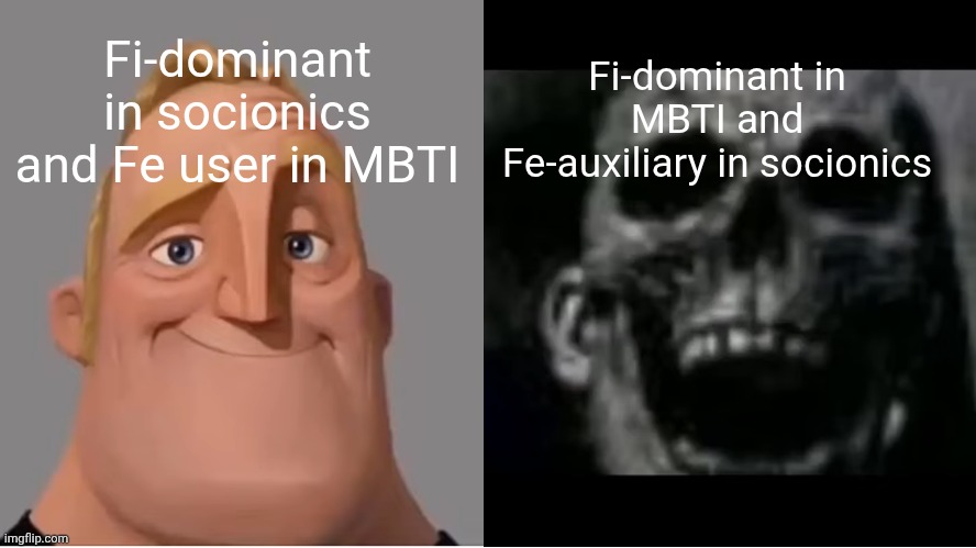 MBTI does not equal to socionics | Fi-dominant in MBTI and Fe-auxiliary in socionics; Fi-dominant in socionics and Fe user in MBTI | image tagged in mr incredible becoming uncanny small size version,mbti | made w/ Imgflip meme maker