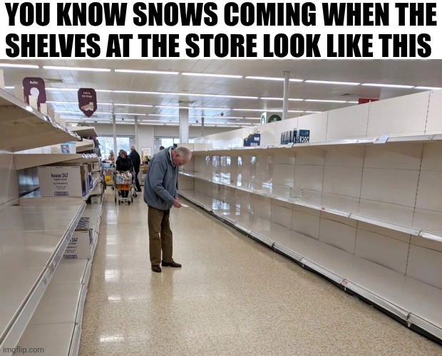 You Know Snows Coming | YOU KNOW SNOWS COMING WHEN THE SHELVES AT THE STORE LOOK LIKE THIS | image tagged in chrisjoines1 | made w/ Imgflip meme maker