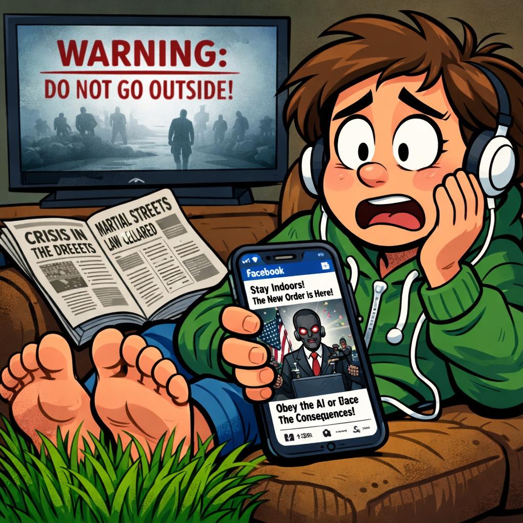 person sitting on their couch with their feet in grass with head Blank Meme Template