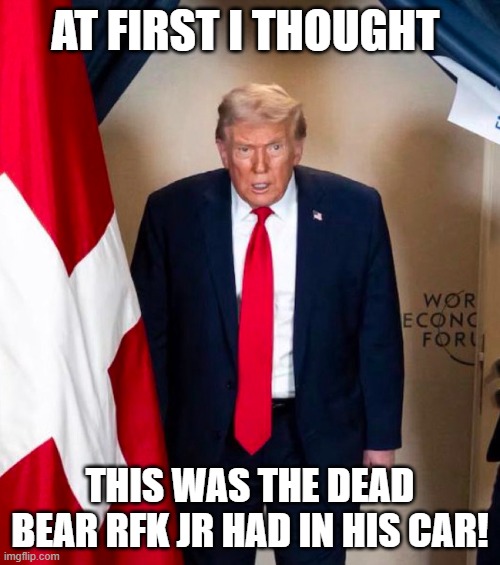 F Trump | AT FIRST I THOUGHT; THIS WAS THE DEAD BEAR RFK JR HAD IN HIS CAR! | image tagged in fucktrump,kennedy | made w/ Imgflip meme maker