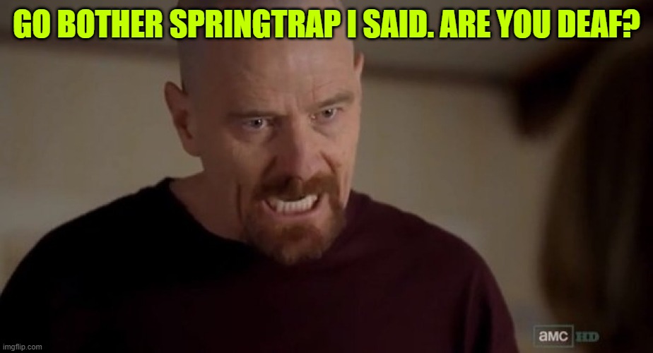 I am the one who knocks | GO BOTHER SPRINGTRAP I SAID. ARE YOU DEAF? | image tagged in i am the one who knocks | made w/ Imgflip meme maker