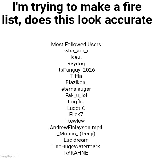 I'm looking for people with over 580 I think | I'm trying to make a fire list, does this look accurate; Most Followed Users

who_am_i
Iceu.
Raydog
itsFunguy_2026
Tiffla
Blaziken.
eternalsugar
Fak_u_lol
Imgflip
LucotIC
Flick7
kewlew
AndrewFinlayson.mp4
_Moons_ (Denji)
Lucidream
TheHugeWatermark
RYKAHNE | image tagged in blank white template,most followed users | made w/ Imgflip meme maker