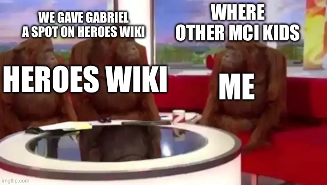 Where Banana (blank) | WE GAVE GABRIEL A SPOT ON HEROES WIKI; WHERE OTHER MCI KIDS; HEROES WIKI; ME | image tagged in where banana blank | made w/ Imgflip meme maker