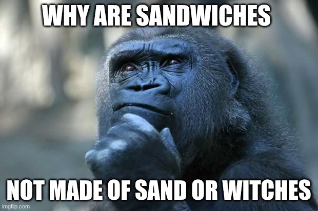 Deep Thoughts | WHY ARE SANDWICHES; NOT MADE OF SAND OR WITCHES | image tagged in deep thoughts | made w/ Imgflip meme maker