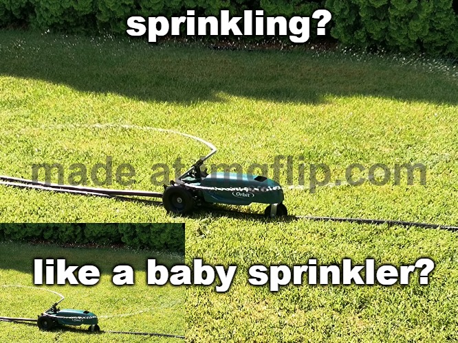 self propelled sprinkler | sprinkling? like a baby sprinkler? | image tagged in self propelled sprinkler | made w/ Imgflip meme maker