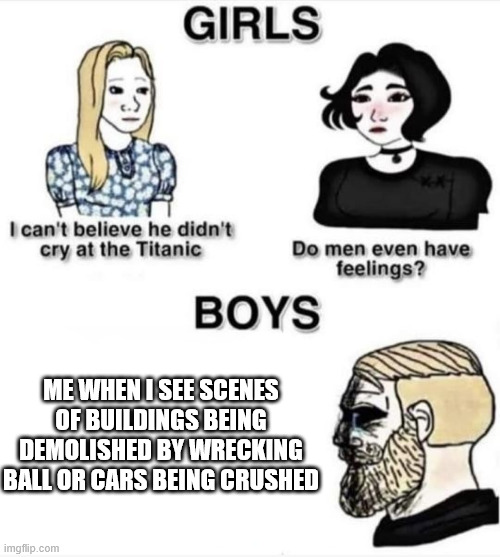 understandable i guess | ME WHEN I SEE SCENES OF BUILDINGS BEING DEMOLISHED BY WRECKING BALL OR CARS BEING CRUSHED | image tagged in do men even have feelings | made w/ Imgflip meme maker