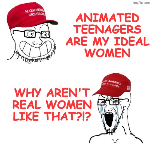 No, the problem is not women | ANIMATED TEENAGERS
ARE MY IDEAL
WOMEN WHY AREN'T
REAL WOMEN
LIKE THAT?!? | image tagged in so true crying maga wojack,misogyny | made w/ Imgflip meme maker