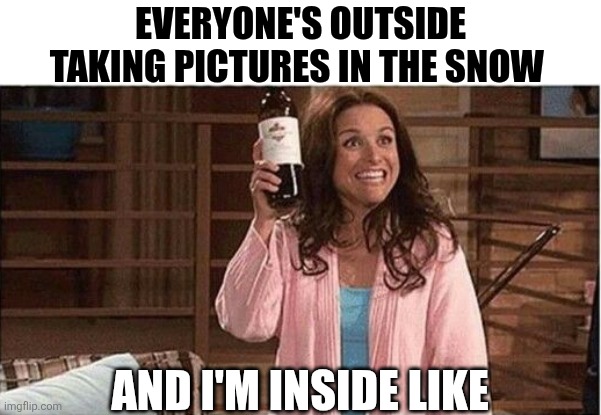 Everyone's Outside Taking Pictures In The Snow | EVERYONE'S OUTSIDE TAKING PICTURES IN THE SNOW; AND I'M INSIDE LIKE | image tagged in chrisjoines1 | made w/ Imgflip meme maker
