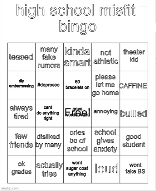 you already know i got all of them | high school misfit 
bingo; kinda smart; many fake rumors; theater kid; teased; not athletic; rlly embarrassing; 60 bracelets on; CAFFINE; please let me go home; #depresso; annoying; always tired; says words weird; bullied; cant do anything right; few friends; disliked by many; good student; school gives anxiety; cries bc of school; actually tries; wont take BS; ok grades; wont sugar coat anything; loud | image tagged in blank bingo | made w/ Imgflip meme maker