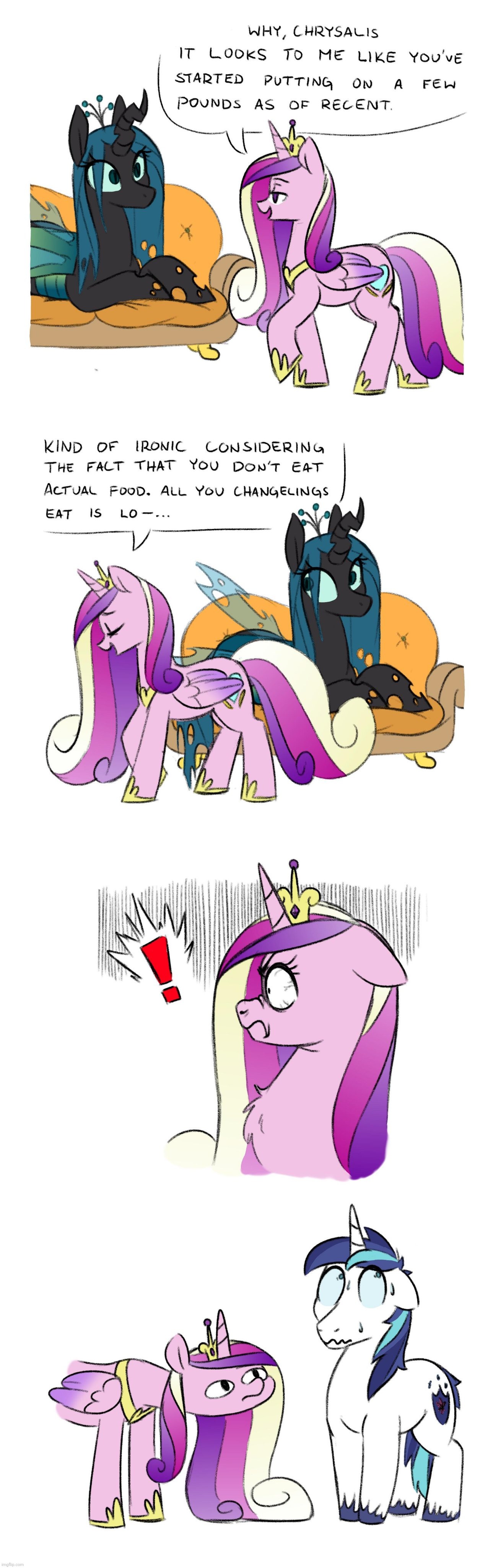 Cadance discovered something shocking | image tagged in memes,my little pony,princess cadance,queen chrysalis,shining armor | made w/ Imgflip meme maker