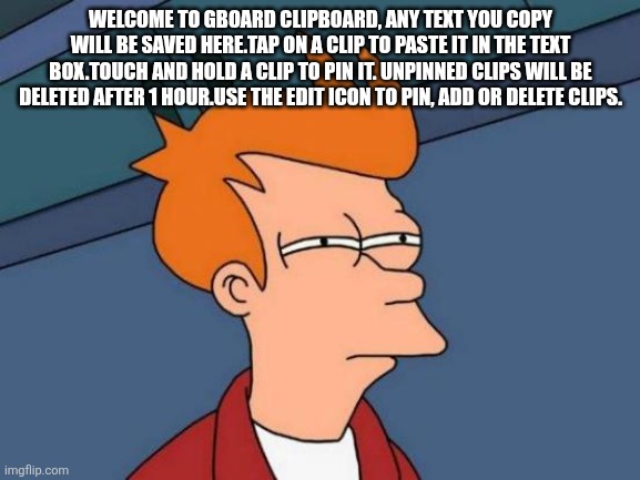 Futurama Fry | WELCOME TO GBOARD CLIPBOARD, ANY TEXT YOU COPY WILL BE SAVED HERE.TAP ON A CLIP TO PASTE IT IN THE TEXT BOX.TOUCH AND HOLD A CLIP TO PIN IT. UNPINNED CLIPS WILL BE DELETED AFTER 1 HOUR.USE THE EDIT ICON TO PIN, ADD OR DELETE CLIPS. | image tagged in memes,futurama fry | made w/ Imgflip meme maker