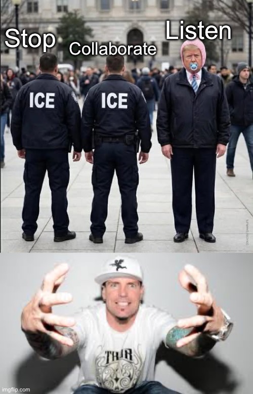 Ice Ice Baby | Listen; Collaborate; Stop | image tagged in vanilla ice,ice ice baby,rap,bad pun | made w/ Imgflip meme maker