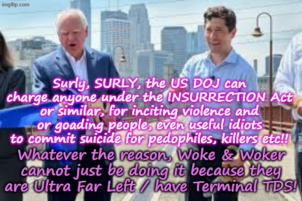 Surely Woke n Woker and others can be charged under the INSURRECTION ACT for inciting the stupid to take their own lives? | Yarra Man; Surly, SURLY, the US DOJ can charge anyone under the INSURRECTION Act or similar, for inciting violence and or goading people, even useful idiots to commit suicide for pedophiles, killers etc!! Whatever the reason, Woke & Woker cannot just be doing it because they are Ultra Far Left / have Terminal TDS! | image tagged in us doj pam bondi donald trump,tampon woke walz,frey ellison minneapolis,minnesota,ultra far left democrats | made w/ Imgflip meme maker