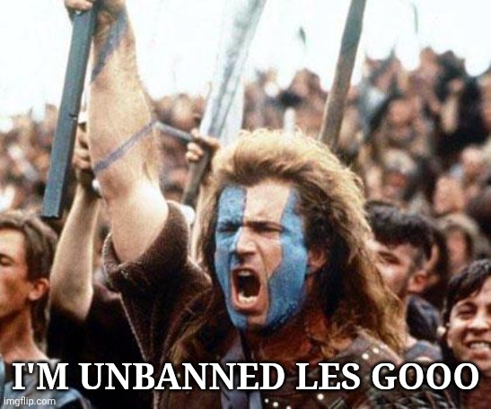 braveheart freedom | I'M UNBANNED LES GOOO | image tagged in braveheart freedom | made w/ Imgflip meme maker