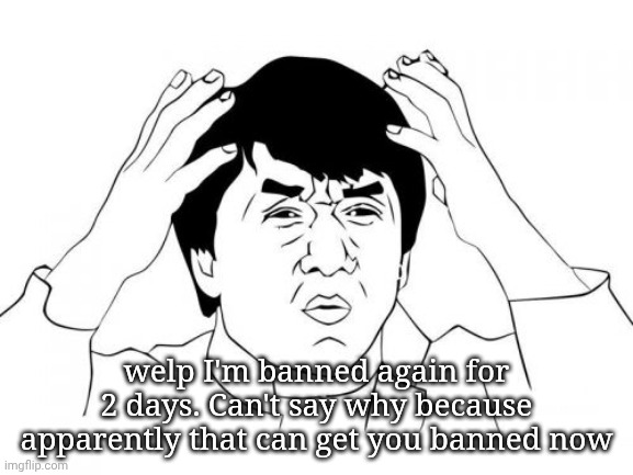 ts is crazy | welp I'm banned again for 2 days. Can't say why because apparently that can get you banned now | image tagged in memes,jackie chan wtf | made w/ Imgflip meme maker