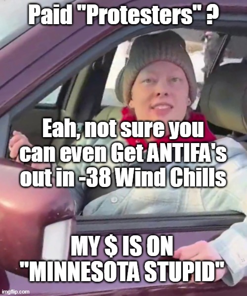And she's the Mascot | Paid "Protesters" ? Eah, not sure you can even Get ANTIFA's out in -38 Wind Chills; MY $ IS ON "MINNESOTA STUPID" | image tagged in paid protesters minnesota stupid meme | made w/ Imgflip meme maker