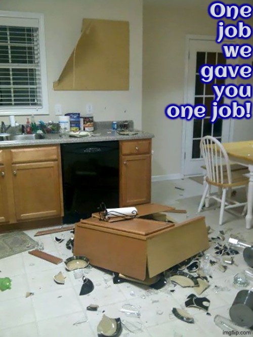 Cabinet Installation Fail | One job we gave you one job! | image tagged in you had one job,task failed successfully,design fails,you're fired,do you are have stupid,duhhh dumbass | made w/ Imgflip meme maker