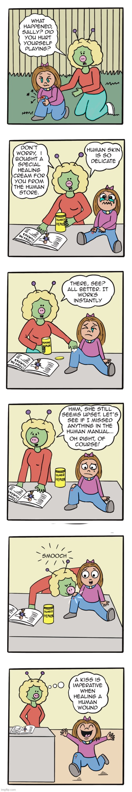 image tagged in human,sally,injury,alien,kiss,aww | made w/ Imgflip meme maker