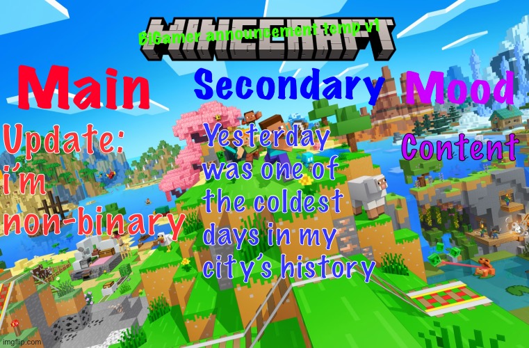 hi!:3 | Update: i’m non-binary; Yesterday was one of the coldest days in my city’s history; Content | image tagged in bigamer announcement template v1 | made w/ Imgflip meme maker