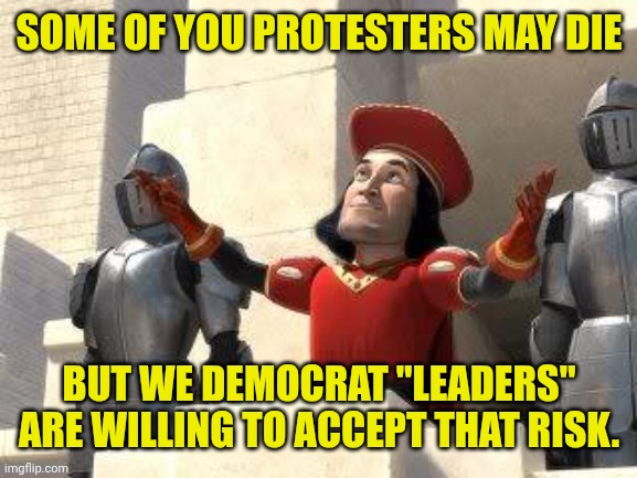SOME OF YOU PROTESTERS MAY DIE BUT WE DEMOCRAT "LEADERS" ARE WILLING TO ACCEPT THAT RISK. | image tagged in some of you may die | made w/ Imgflip meme maker